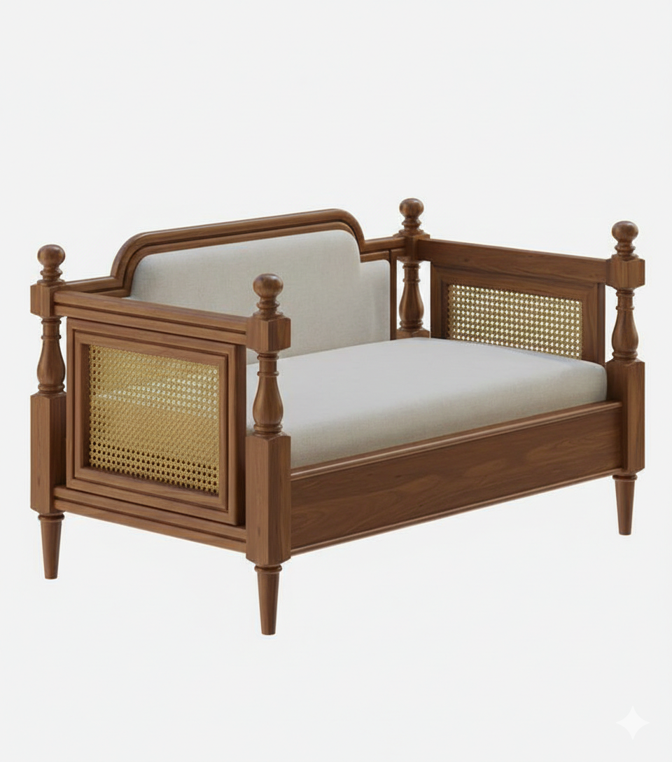 ADOUER WOOD Solid Wood 2-Seater Sofa with Hand-Woven Cane Details – Vintage Finish
