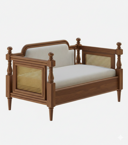 ADOUER WOOD Solid Wood 2-Seater Sofa with Hand-Woven Cane Details – Vintage Finish
