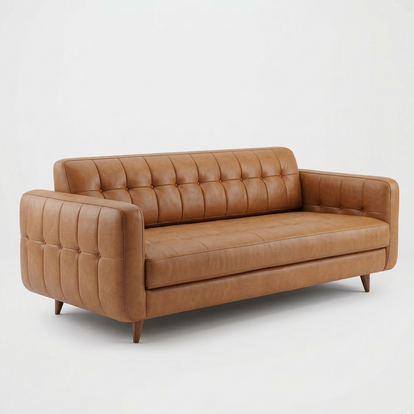 Mid-Century Modern Tufted Sofa - Leatherette Fabric Couch with Tapered Wood Legs