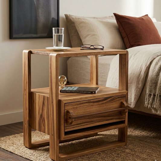 ADOUER WOOD Japandi Style Bedside Table with Open Storage Shelf