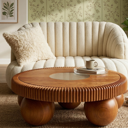 ADOUER WOOD Handcrafted Ribbed Solid Wood Round Coffee Table – Modern Sculptural Center Table with Sphere Legs