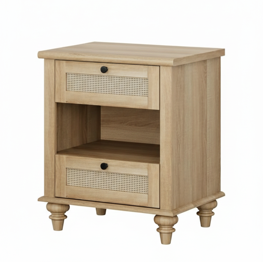 ADOUER WOOD 2-Drawers Nightstand with Rattan Inlay – Mid-Century Modern Bedside Table