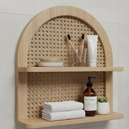 ADOUER WOOD Solid Wood The Arched Rattan Floating Display Shelf