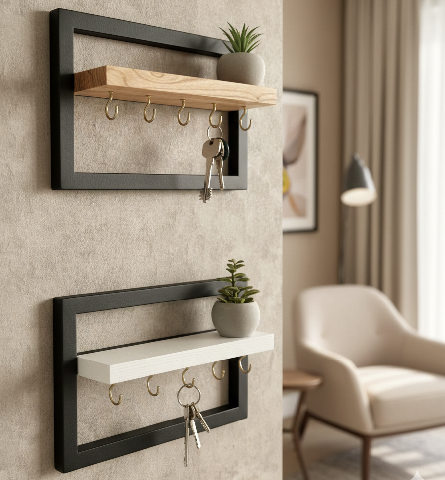 Acacia Wood Modern Entryway Key Holder & Floating Shelf – Solid Wood & Black Metal Frame Wall Decor