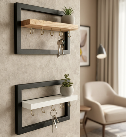 Acacia Wood Modern Entryway Key Holder & Floating Shelf – Solid Wood & Black Metal Frame Wall Decor