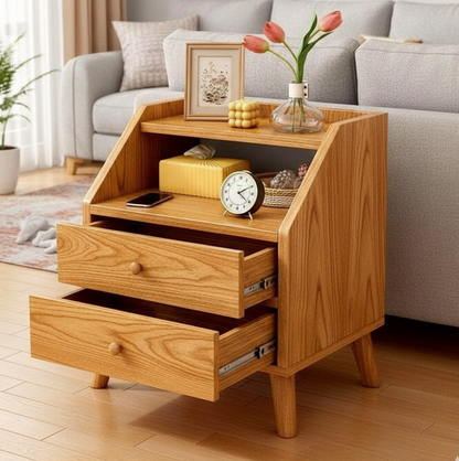 ADOUER WOOD Modern Acacia Wood Bedside Table with Open Drawers and Metal Channels