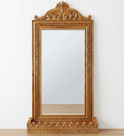 ADOUER WOOD Hand-Carved Solid Wood Full-Length Mirror with Built-in Display Shelf