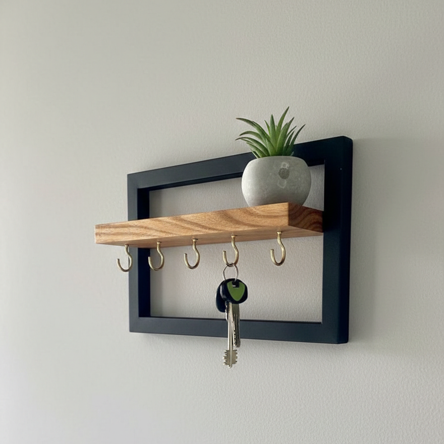 Acacia Wood Modern Entryway Key Holder & Floating Shelf – Solid Wood & Black Metal Frame Wall Decor