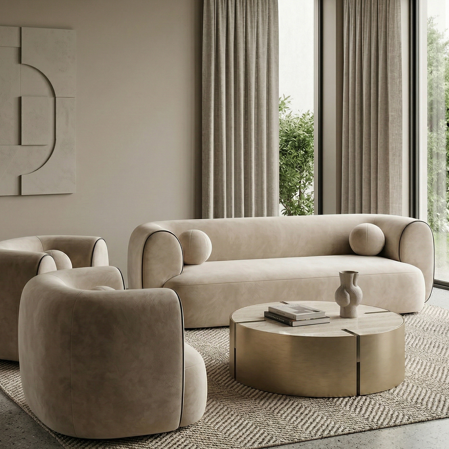 Curvy Modern Sofa Set – Minimalist Velvet Bouclé in Sand