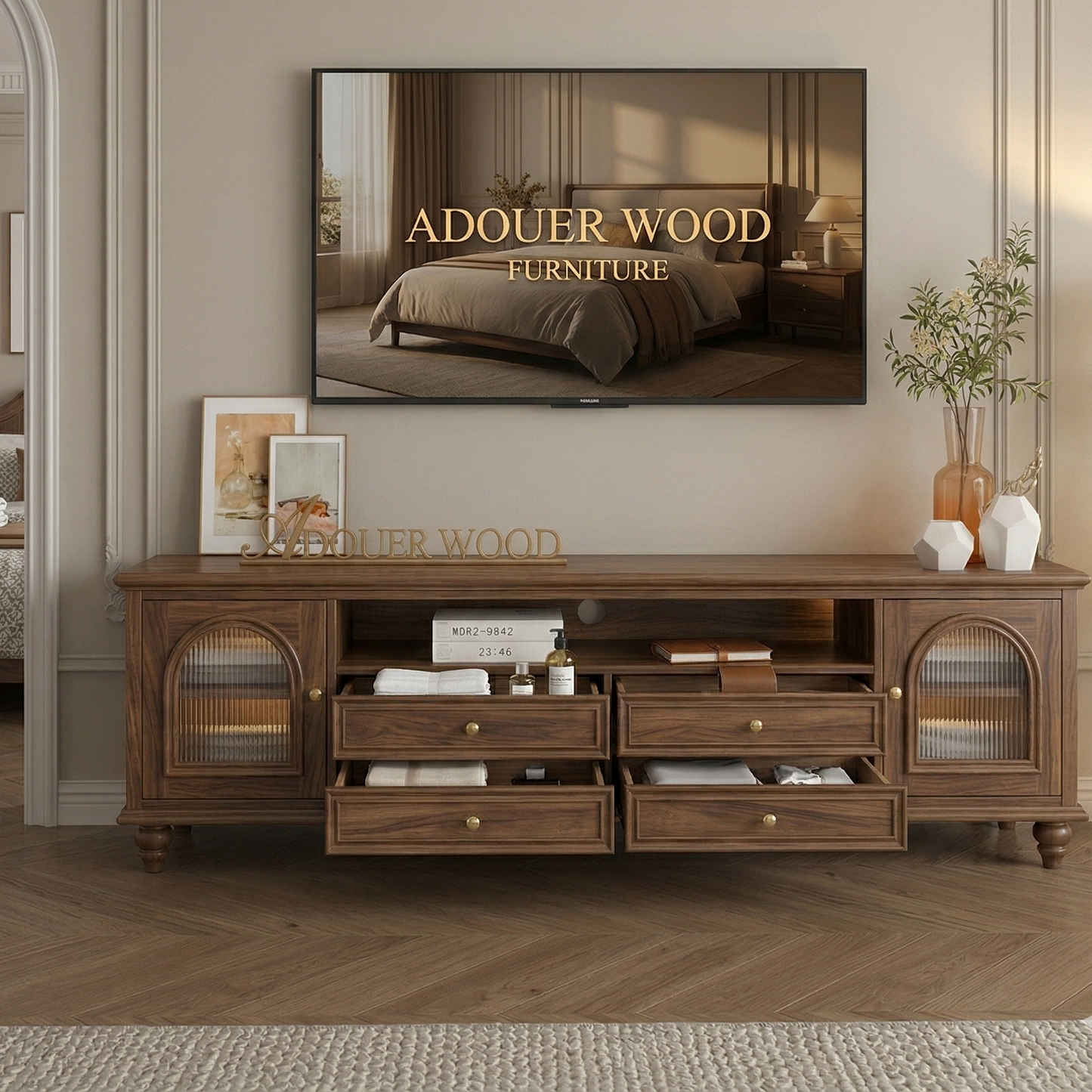 Adouer Wood Solid Walnut Wood TV Stand – 70" Mid-Century Modern Entertainment Center with Acrylic Glass Doors and 4 Drawers