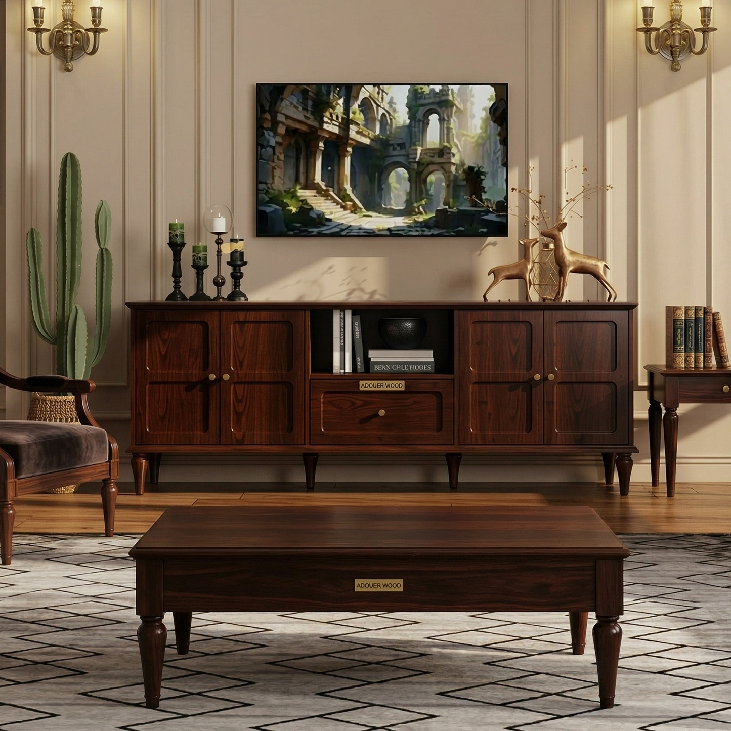 ADOUER WOOD Mid-Century Modern Solid Wood TV Unit with 4 Doors & Center Drawer