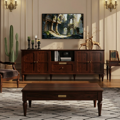ADOUER WOOD Mid-Century Modern Solid Wood TV Unit with 4 Doors & Center Drawer