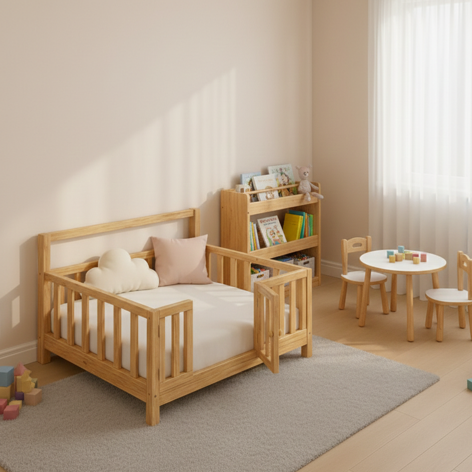 ADOUER WOOD Solid Wood Montessori Floor Bed with Safety Gate – Toddler Transition Cot