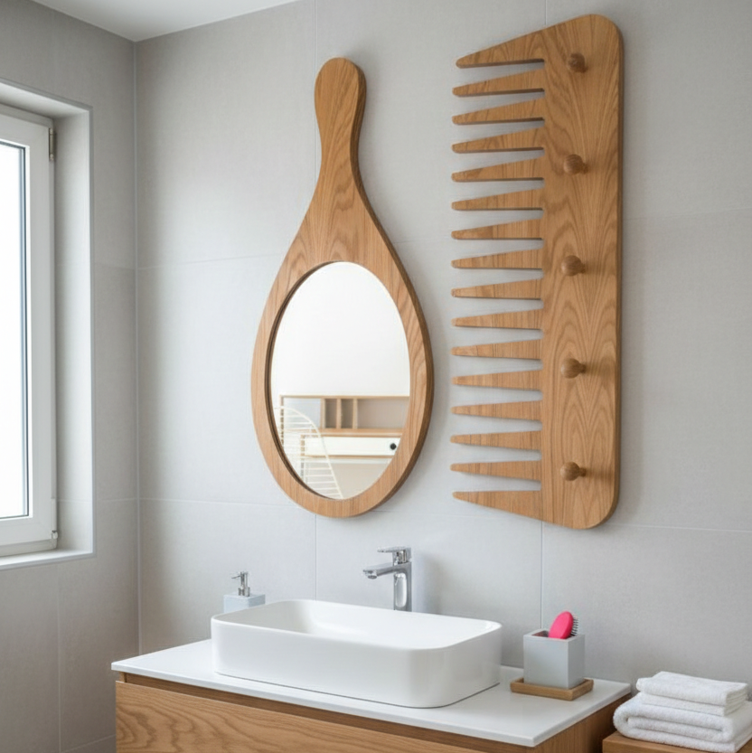 Adouer Wood Giant Mirror & Wide-Tooth Comb Wall Decor Set - Kids' Vanity Mirror