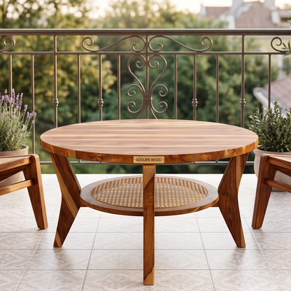 Adouer Wood Round Sheesham Coffee Table with Cane Shelf