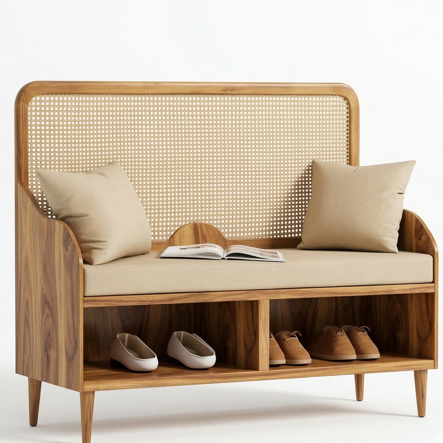 ADOUER WOOD Mid-Century Modern Rattan Entryway Bench with Integrated Shoe Storage