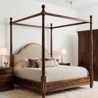 ADOUER WOOOD Heritage Sheesham Solid Wood Four-Poster Bed