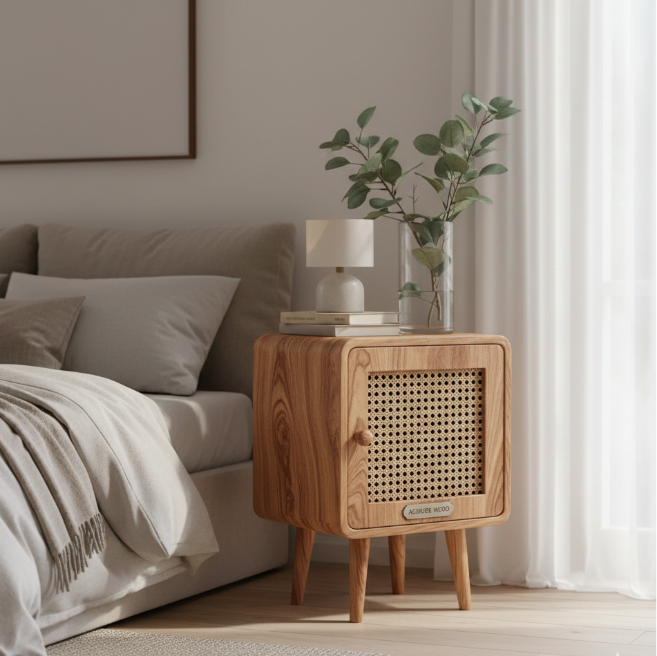 Adouer Wood Mid-Century Modern Rattan Bedside Table Wood Nightstand with Storage Door