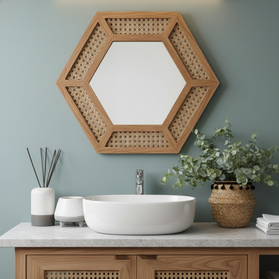 ADOUER WOOD Mirror – 34" Boho Honeycomb Mirror with Rattan Webbing Detail