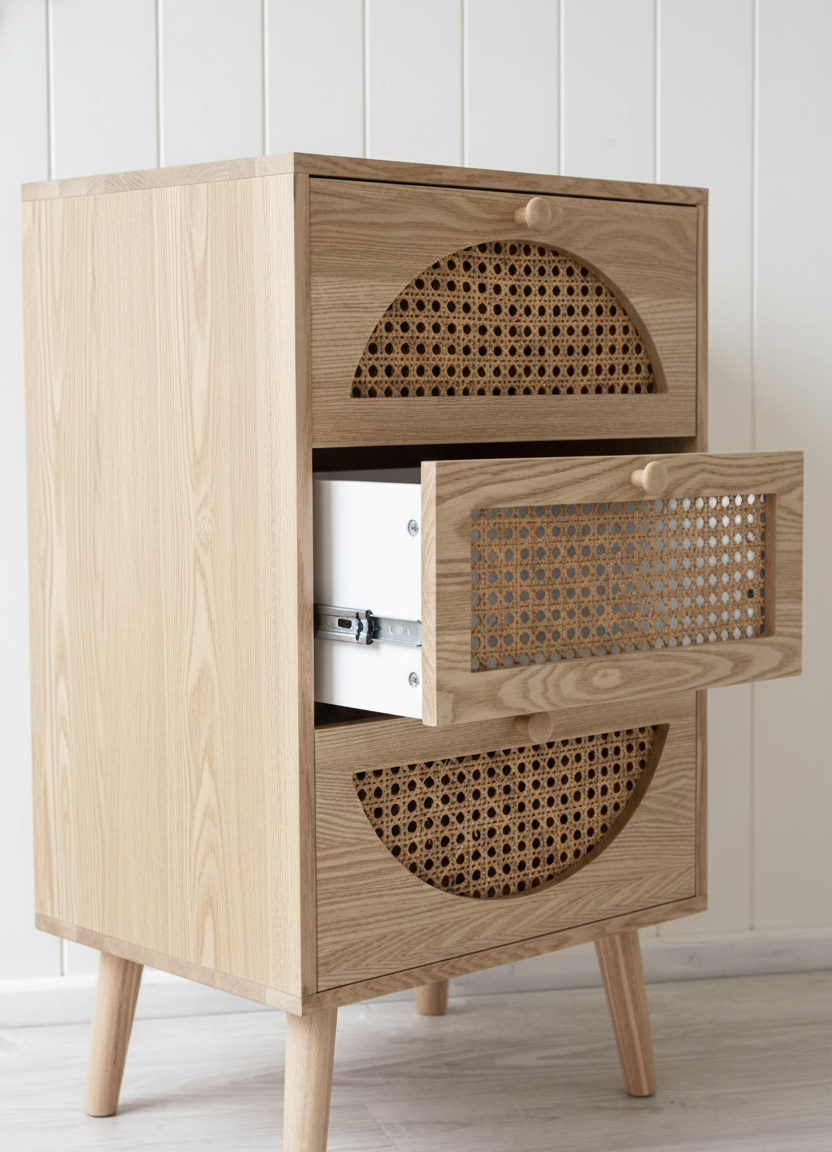 ADOUER WOOD The "Arc & Loom" 3-Drawer Nightstand Solid Wood with Natural Cane Inlay