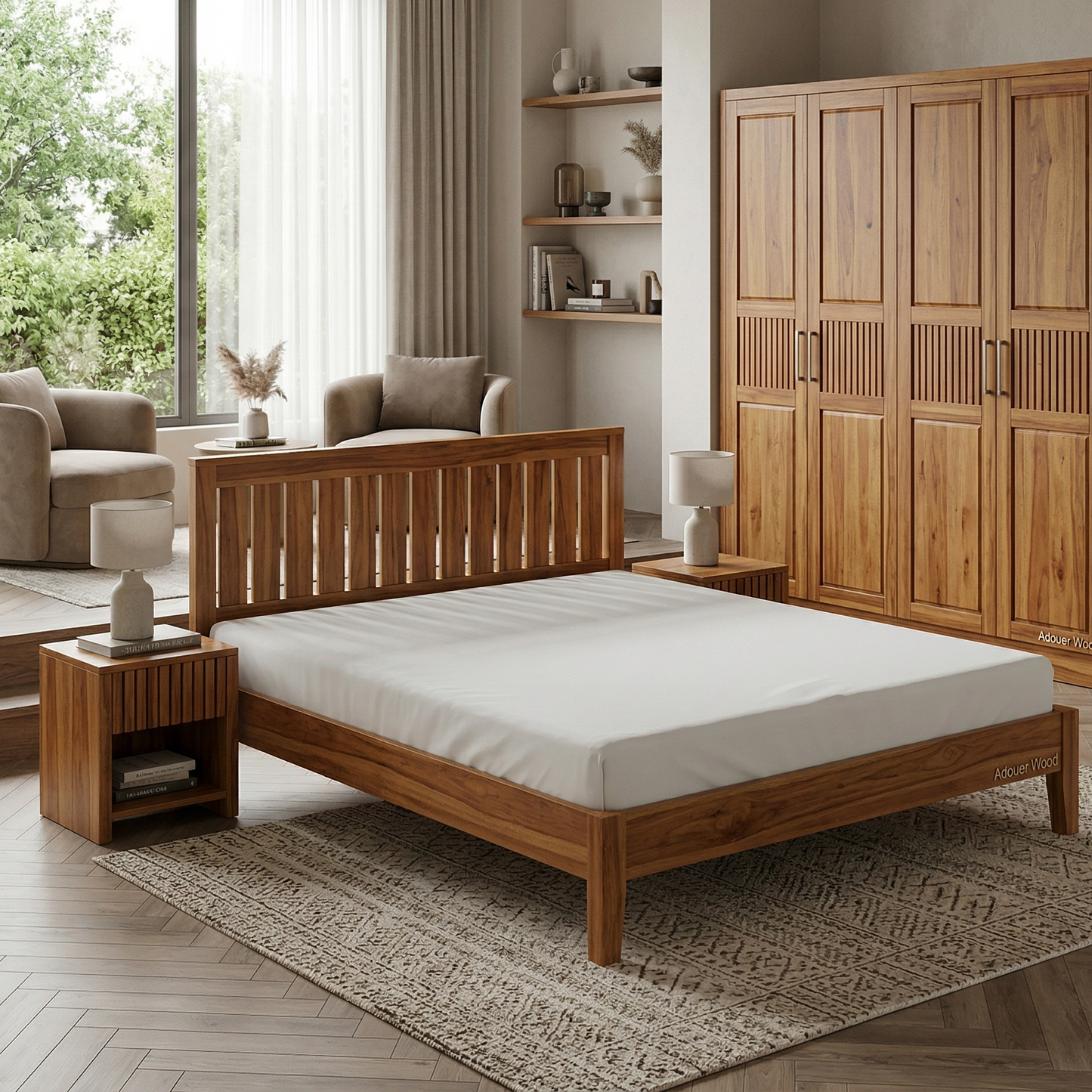Classic Mission Style Solid Wood Bed – Natural / Walnut Finish –King/Queen