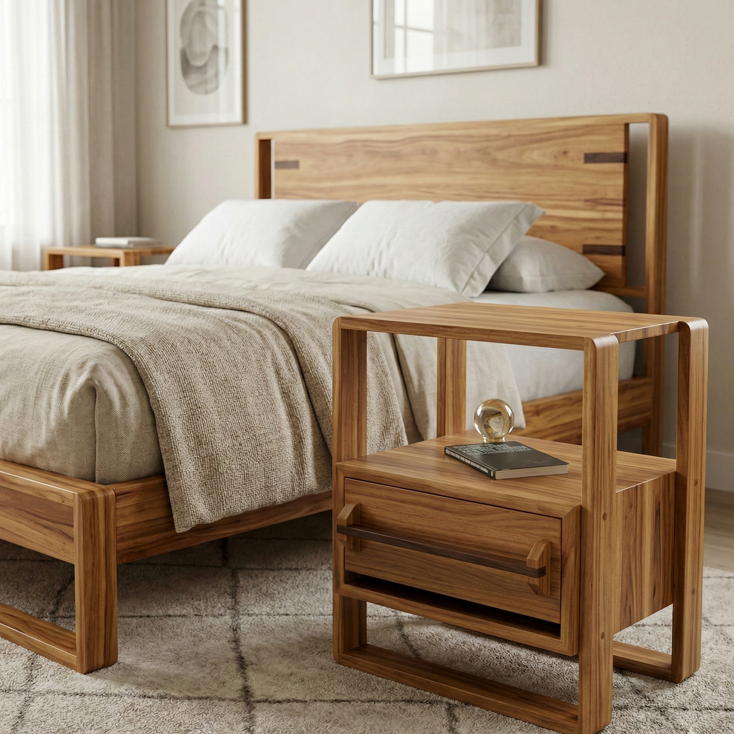 ADOUER WOOD Japandi Style Bedside Table with Open Storage Shelf