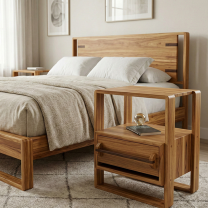 ADOUER WOOD Japandi Style Bedside Table with Open Storage Shelf
