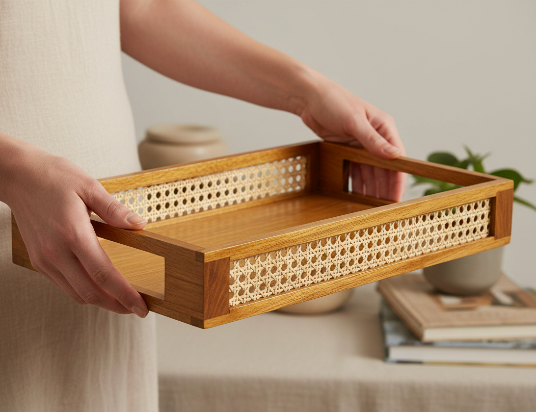 ADOUER WOOD Rectangular Wooden Serving Tray with Rattan Cane Inlay & Cutout Handles
