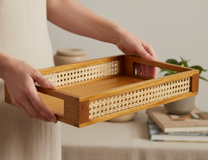 ADOUER WOOD Rectangular Wooden Serving Tray with Rattan Cane Inlay & Cutout Handles