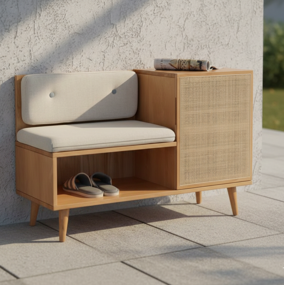 ADOUER WOOD Mid-Century Modern Sheesham Wood Shoe Rack Bench with Rattan Cane Door & Padded Seat