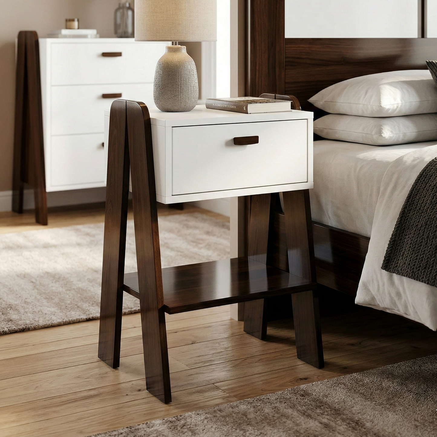 Mid-Century Modern A-Frame Nightstand  End Table with Storage Drawer and Display Shelf