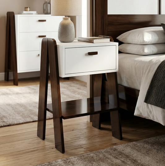 Mid-Century Modern A-Frame Nightstand  End Table with Storage Drawer and Display Shelf