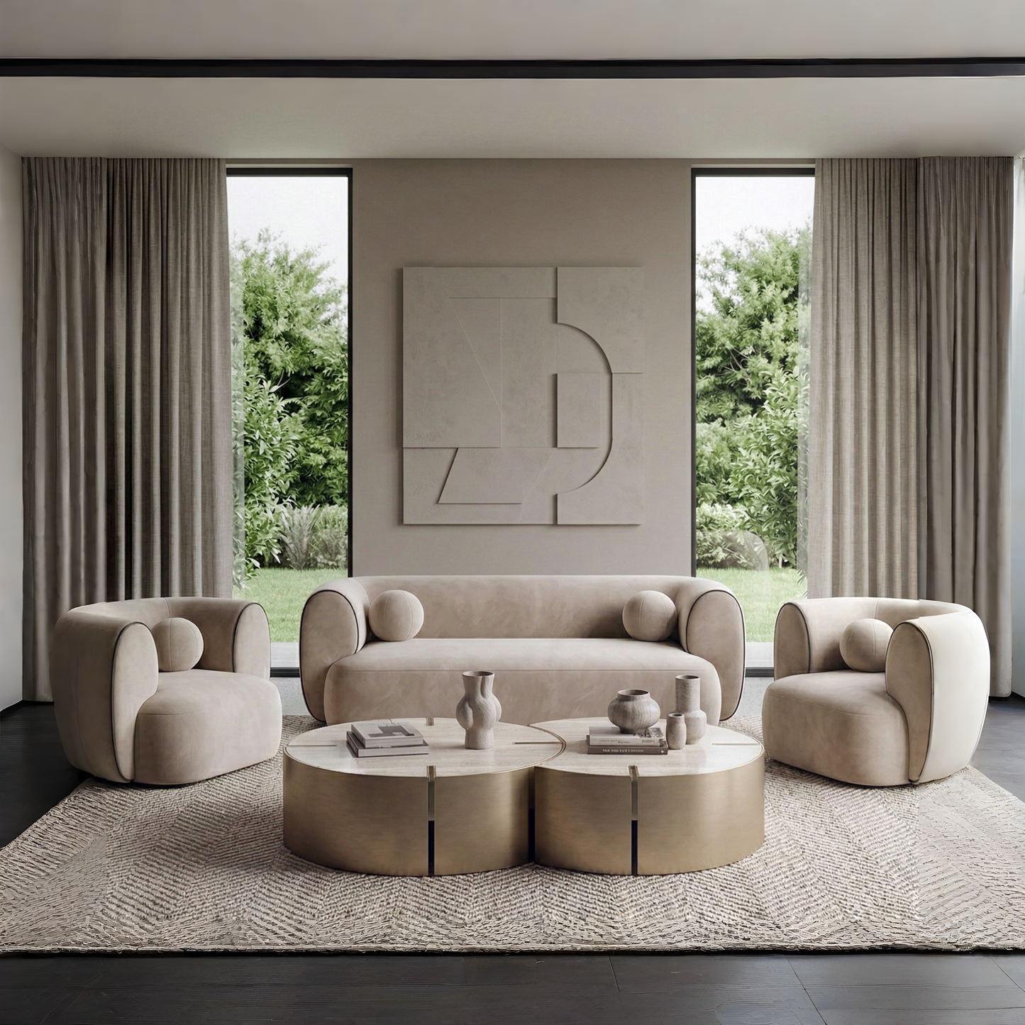 Curvy Modern Sofa Set – Minimalist Velvet Bouclé in Sand