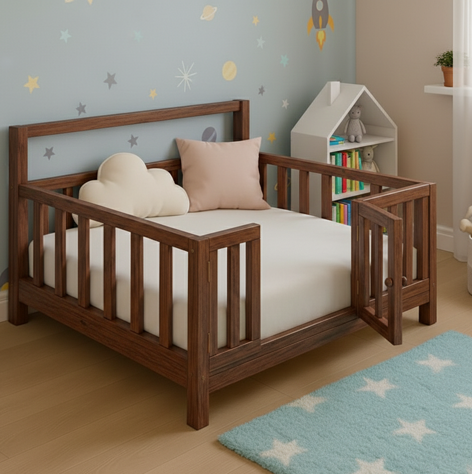 ADOUER WOOD Solid Wood Montessori Floor Bed with Safety Gate – Toddler Transition Cot