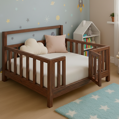 ADOUER WOOD Solid Wood Montessori Floor Bed with Safety Gate – Toddler Transition Cot