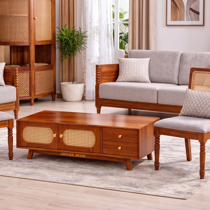 Adouer Wood Solid Sheesham Coffee Table with Cane Storage & Drawers