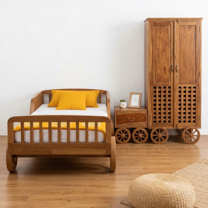 ADOUER WOOD Solid Sheesham Wood Chariot Bed for Toddlers & Children | Handcrafted Playful Design