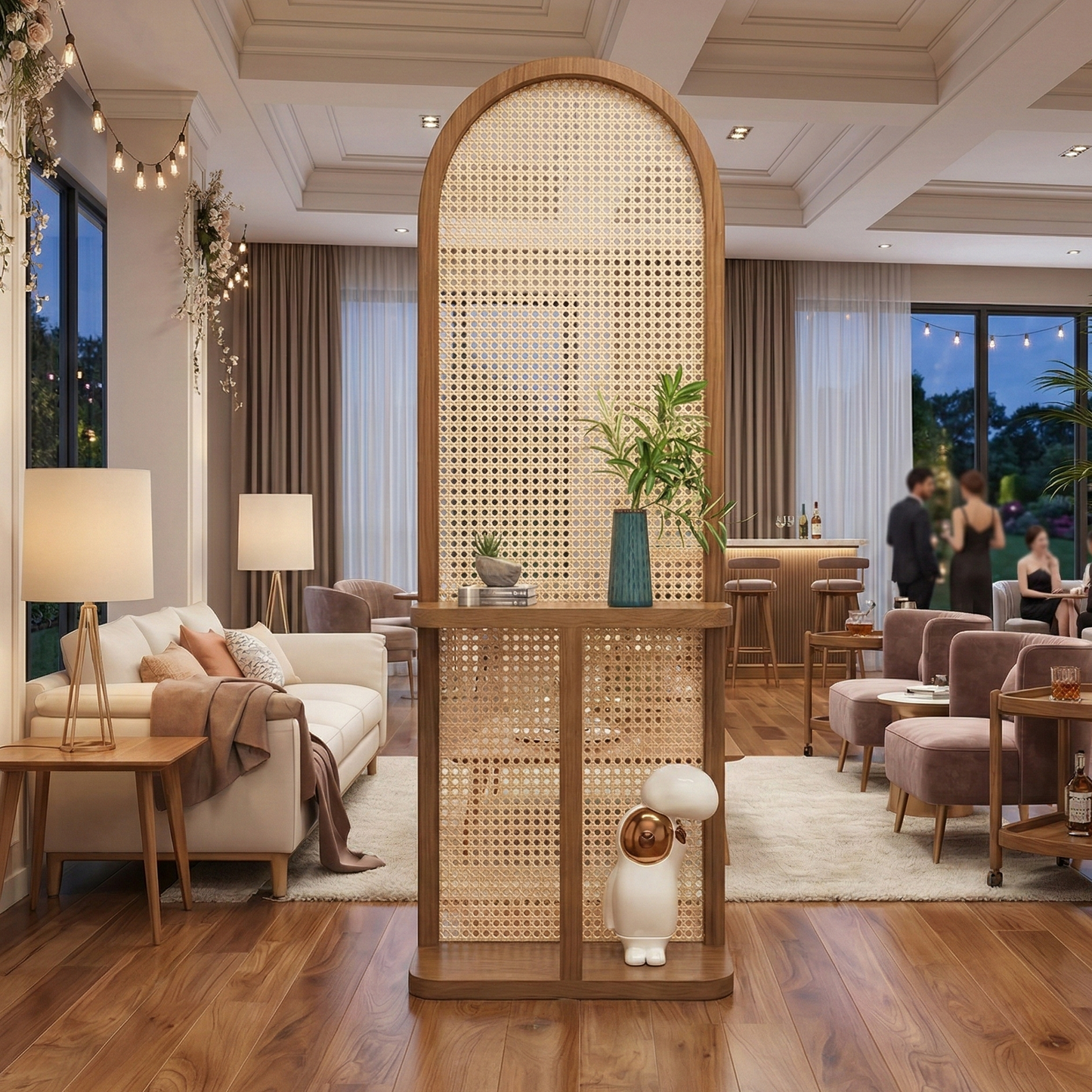 ADOUER WOOD Arched Cane Room Divider & Console Table