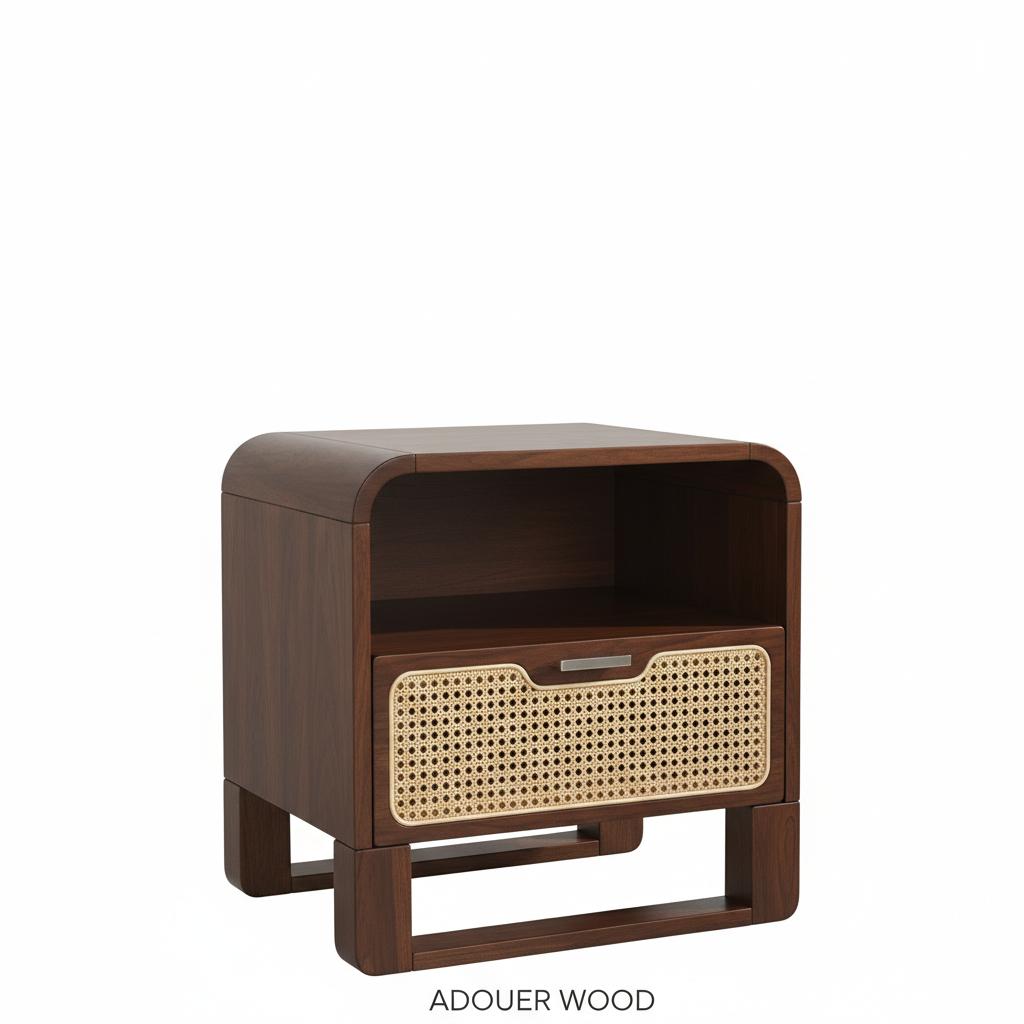 Adouer Wood Mid-Century Acacia Wood Bedside Table with Woven Rattan Drawer Front