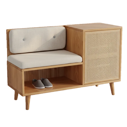 ADOUER WOOD Mid-Century Modern Sheesham Wood Shoe Rack Bench with Rattan Cane Door & Padded Seat