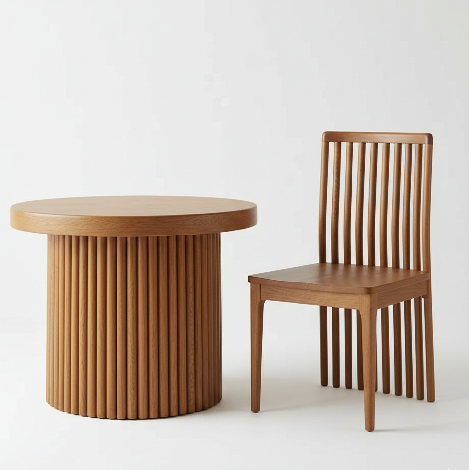 ADOUER WOOD Handcrafted Fluted Wood Pedestal Table – Minimalist Round Coffee Table