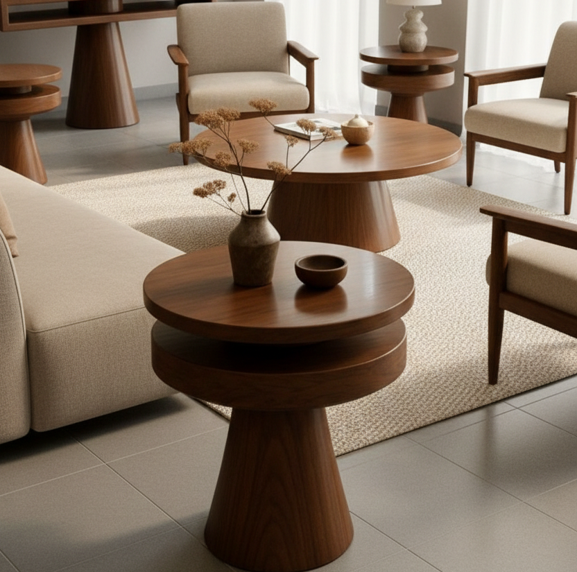 ADOUER WOOD Handcrafted Two-Tier Pedestal Side Table