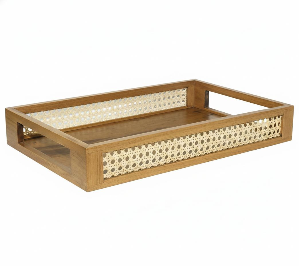 ADOUER WOOD Rectangular Wooden Serving Tray with Rattan Cane Inlay & Cutout Handles
