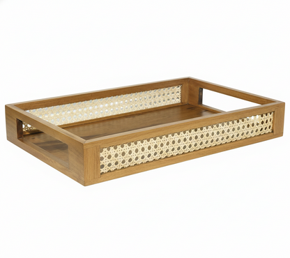 ADOUER WOOD Rectangular Wooden Serving Tray with Rattan Cane Inlay & Cutout Handles
