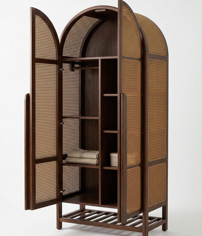 ADOUER WOOD Handcrafted Arched Rattan Wardrobe – Solid Sheesham Wood Armoire with Natural Cane Webbing & Slatted Base