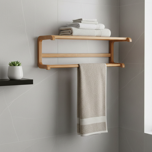 ADOUER WOOD 2-Tier Solid Wood Wall-Mounted Towel Rack with Floating Storage Shelf