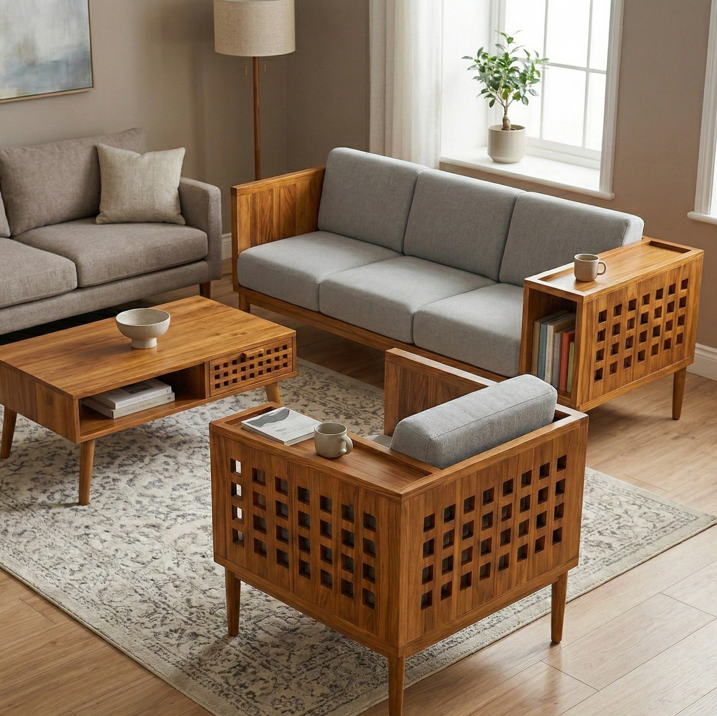 Acacia Wood Mid-Century Modern Teak Accent Chair with Built-in Bookshelf & Side Table
