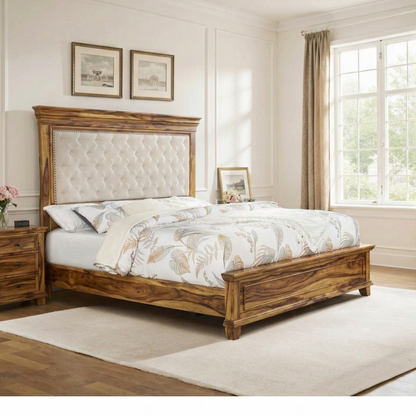 Adouer Wood Solid Wood King Size Bed with Tufted Fabric Headboard & Natural Grain Finish