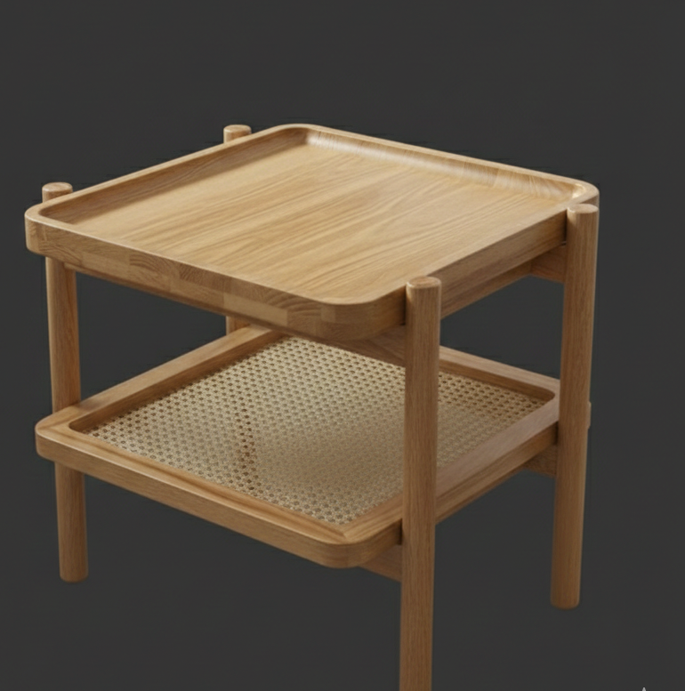 ADOUER WOOD Japandi Solid Wood Side Table with Natural Rattan Shelf