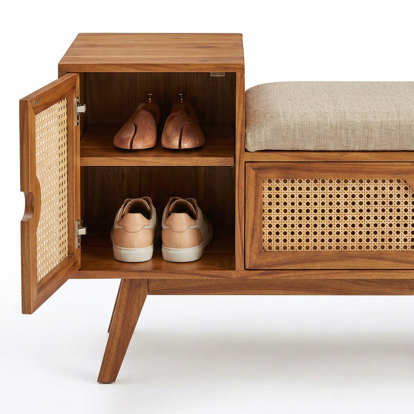 ADOUER WOOD Mid-Century Modern Entryway Bench with Storage – Natural Rattan Shoe Bench with Padded Seat Cushion